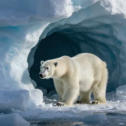 Polar bear exploring an ice cave. Wildlife photography.