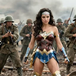 katniss everdeen as wonder woman, in a ww 1 battlefield, film still from'wonder woman'