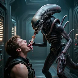 xenomorph feeding on crewman in scifi hallway