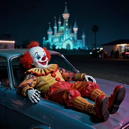 robot clown relaxing at a california drive in, in 1 9 5 2, cutecore clowncore, bathed in the the glow, alien castle in background, low - light photograph, in style of tyler mitchell, cut and paste collage