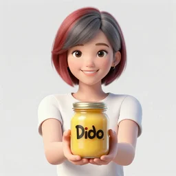 a smiling girl with short grey red hair proudly holding a fido jar into the camera. close up. the fido jar is filled with big green pickles. by ralph mcquarrie