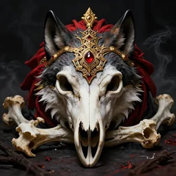 photo portrait portrait of skull of wolf, lying on bones, dramatic lighting, golden ornaments, symmetric, intricate skeletal decorations, symmetry, highly detailed, tarot, concept art, black, red, white, gold layers, warhammer, style of nekroxiii, hyperrealistic, dark background, smoke, artstation