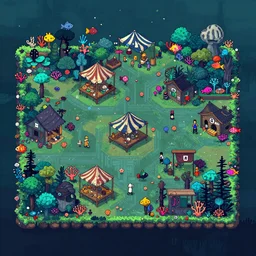 beautiful art for a 2d side scroller game set in a post apocalyptic bustling sea fairing town with lots of coral and fish inspired by night in the woods