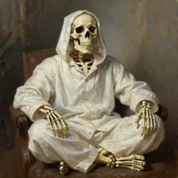 classic oil painting, a skeleton dressed in medieval pajamas, as a dnd character, comfy, highly detailed, digital illustration, concept art, smooth, sharp focus, art by alex grey and james gurney