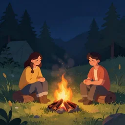 guy and girl sitting beside cozy campfire at night, digital art by Ivan Shishkin