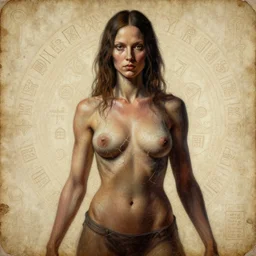 painting of Jessica Biel by Simon Bisley, fierce, calm, looking shredded from working out, in the style of HR Giger, insane detail, in the style of Da Vinci, old weathered paper, 8k, symbols and glyphs carved into the background