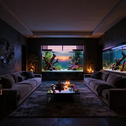 a very dark dreamy luxury modern maximalist living room, aquarium with beautiful tropical fish, driftwood, candlelight, sunset glow, dark shadows, octane render, volumetric lighting, raytracing, symmetrical wide shot low angle