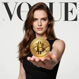 ayn rand holding a golden bitcoin, commercial photo by david hamilton for vogue