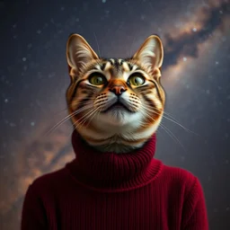 a bust portrait of a cat in a dark ( red ) turtleneck pullover, smiling, the milky way galaxy in the background, photography