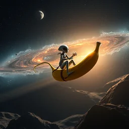 alien riding a banana through space, andromeda galaxy, moon landing, volumetric lighting, featured on artstation, featured on pixiv, featured on deviantart