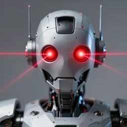 a very detailed head of a robot in stempunk stlyle with red glowing eyes, laserbeams out of the eyes, frontshot, 8 k