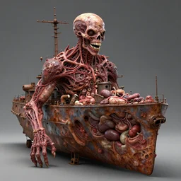 technobiological rusty warship consisting of teeth tumors, veins, meat, kidneys, entrails, guts, skin, blood. bodyhorror, high detail, photorealism, full length view, concept art, octane render, biopunk cgsociety by hermann nitsch, dariusz zawadzki