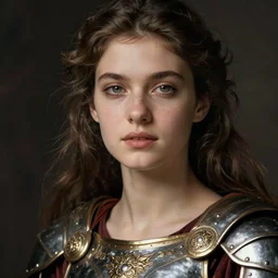 close - up portrait of beautiful young woman dressed gladiator with metallic armor, art by dante gabriel rossetti