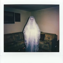 coloured atmospheric polaroid 1 9 9 8 photo of a realistic wraith translucent transparent figure in a interior of living room low light