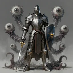 digital art of strong knight wearing plate armor, holding weapon and shield, standing upright, full body. lovecraftian, tentacles, covered in eyeballs, eldritch horror