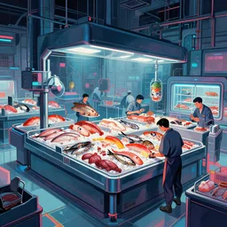 1 9 7 9 edition of automated tokyo seafood plant. art in the style of vincent di fate's cyberpunk 2 0 2 0.