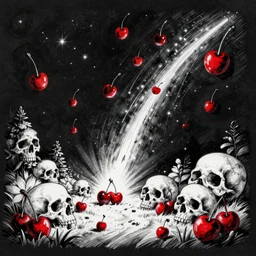 meteor shower with hundreds cherries and skulls, night sky, 3D, futuristic, hyperrealism, white and red ink sketch on black paper