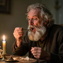crazy old deprived bearded man desperately devouring heaven key candles