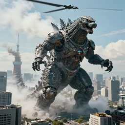 gigantic mechanical steampunk godzilla destroying a futuristic tokyo, an enourmous amount steam emits from it's body, photorealistic shot from a helicopter with an 8 k camera