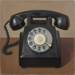 A painting of a rotary dial phone, abstract painting in the style of Sophie Taeuber-Arp and Gary Hume and Tatsuro Kiuchi, flat colour-block style, geometric abstraction, dark earthy colours