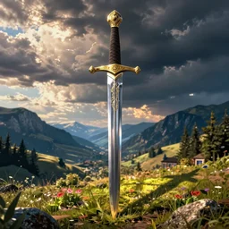 medieval sword, digital art, high saturation