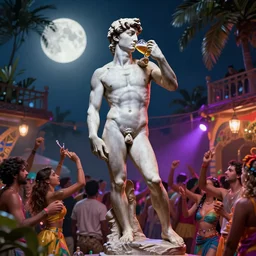 the statue david from michelangelo drinking a beer, dancing on the dancefloor at a colorful goa full moon party