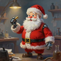 beautiful painting of santa in his sentient robot workshop, by jim burns, trending on artstation, octane render