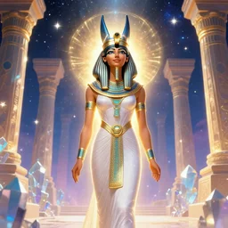 high priestess channeling the Egyptian goddess Isis, radiant, joyful, loving, backlit, standing in a cosmic crystal temple surrounded by stars, digital art trending on artstation