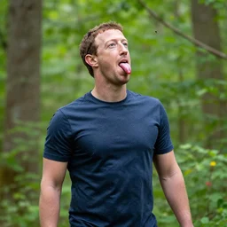 Mark Zuckerberg catching flies with his tongue in the forest, photo