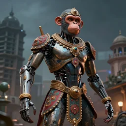 high quality 3 d render cyborg! man monkey hybrid madhubani, highly detailed, cyberpunk!! mumbai in the background, unreal engine cinematic smooth, szukalski ravi varma, moody light, low angle, uhd 8 k, sharp focus