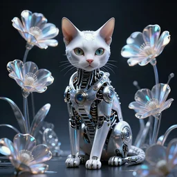 detailed digital biopunk biomechanical cat in front of retrofuturistic iridium flowers, cinematic lighting, 8 k, artgerm, wlop, rutkowski, carne griffiths, ayami kojima, trending cgsociety deviantart, minimalism