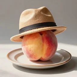 a peach on a plate with a hat
