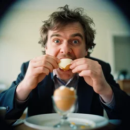 humpty dumpty at breakfast eating an hard boiled egg, filmic, dslr, first - person, lens distortion, f / 2. 8, vignette, technicolor, hd