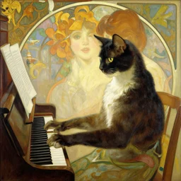 cat, playing piano, painting by gaston bussiere, craig mullins, greg rutkowski, alphonse mucha