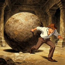 Indiana Jones being chased by a boulder trap underground, boulder chase, inside ancient stone temple background, Indiana Jones running away from big round stone, raiders of the lost ark, detailed background, anime key visual