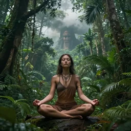 human meditating supreme peace immense knowledge amazon jungle in background impending doom dmt art