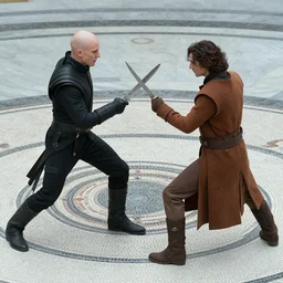 Cinematic knife combat between bald_hairless_Austin_Butler-dressed-in-black and Timothee_Chalamet_dressed-in-brown-felt, on a mosaic marble floor dais, film still from Dune 2020, intricately detailed