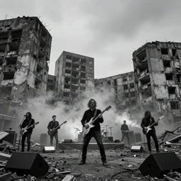 death grips playing a concert in a desolate brutalist wasteland designed by zdzislaw beksinski