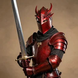 portrait of targaryen knight wearing red dragon helmet, holding gigantic sword, detailed, realistic, studio lighting, warm light, magazine photography