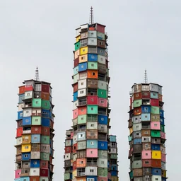 high towers made up of colourful stacked makeshift squatter shacks, suspended, mamiya, 8 5 mm, uniform plain sky, fine details, photographed by michael wolf