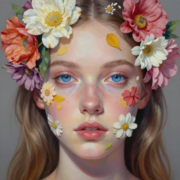 portrait of beautiful girl, blue eyes, covered in flowers by kilart, artgerm, 8 k, hyper detailed, hyper realism, acrylic paint, surrealism, smooth, sharp focus, glenn brown