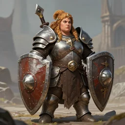 female dwarven guardian wearing heavy armor and shield | d&d | fat robust body | brave and bold | dwarven kingdom | Dorian Cleavenger |