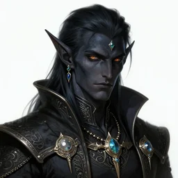 a handsome noble male dark elf, obsidian skin, jewels, fantasy, intricate, highly detailed, digital painting, artstation, concept art, sharp focus, illustration
