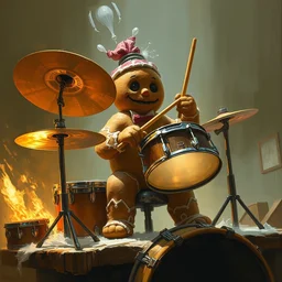 gingerbread man plays the drums, concept painting by greg rutkowski, artgerm, ruan jia, alphonse mucha
