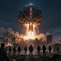 people on a hill watching city destroyed by nuclear missile at night, huge, hyperdetailed, artstation, cgsociety, 8 k
