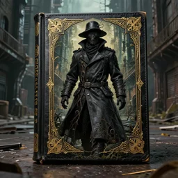 by peter blume and studio ghibli, visually stunning, cinematic, * * ultra realistic, hyper realism, 1 2 k, epic, octane render, unreal engine, vfx, maya, * * this book seems to be made of black leather, veins are vines, sci - fi abandoned warehouses, plague doctor walking the streets of london, and is adorned with intricate golden patterns