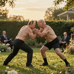 Joe Biden wrestling Vladimir Putin, golden hour, in a garden, artstation, by J. C. Leyendecker and Peter Paul Rubens,