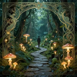 enchanted forest in the amazon, intricate design, elegant, magical, art nouveau, environment art, film still, glowing mushrooms, stone trails, stone paths, water ways, art by art by artgerm and greg rutkowski and ruan jia and peter polach