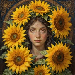 breathtaking detailed concept art painting of the goddess of sunflower flowers, orthodox saint, with anxious, piercing eyes, ornate background, amalgamation of leaves and flowers, by Hsiao-Ron Cheng, James jean, Miho Hirano, Hayao Miyazaki, extremely moody lighting, 8K