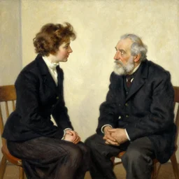a woman meeting with old man, art by auguste bourotte